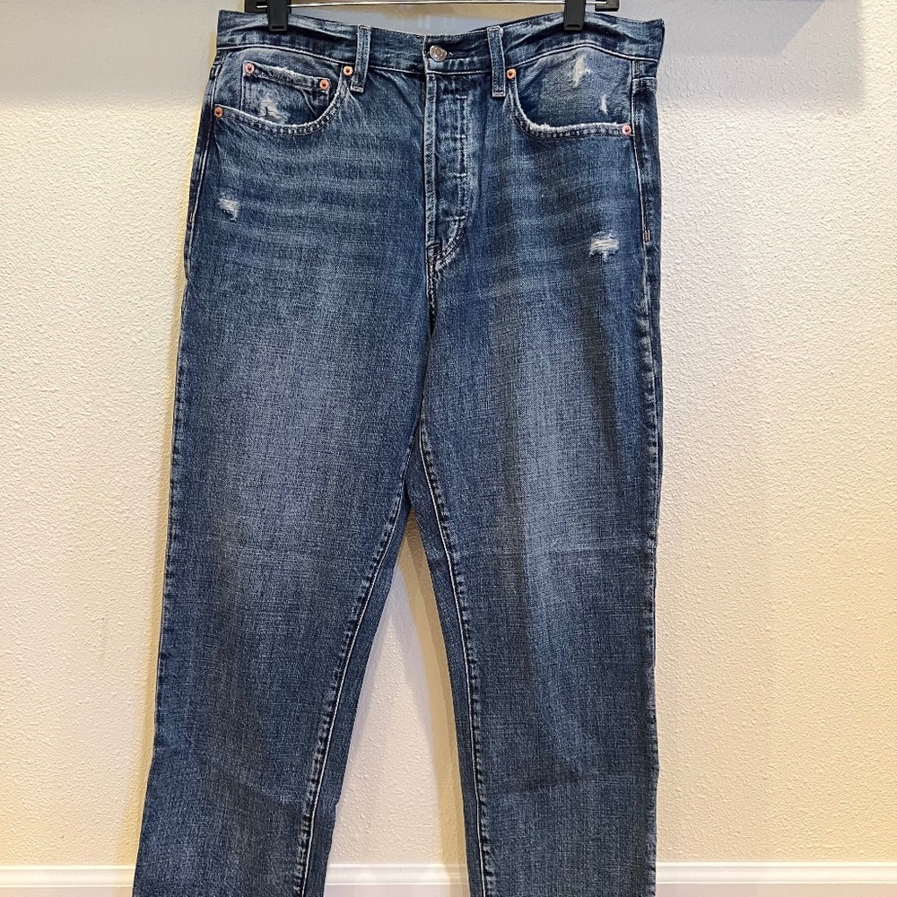 Pistola button fly released hem distressed jeans. Size 30.